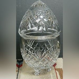 Vintage Egg OFNAH Poland Hand Cut Crystal Footed Shaped Candy Bowl W/Lid X-Large